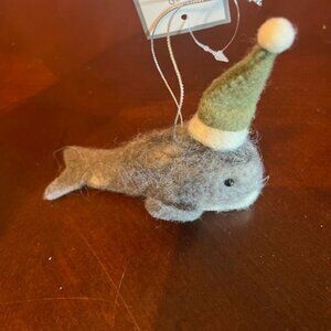 Whale Ornament With Green Hat  Wool Felt Holiday Christmas ornament